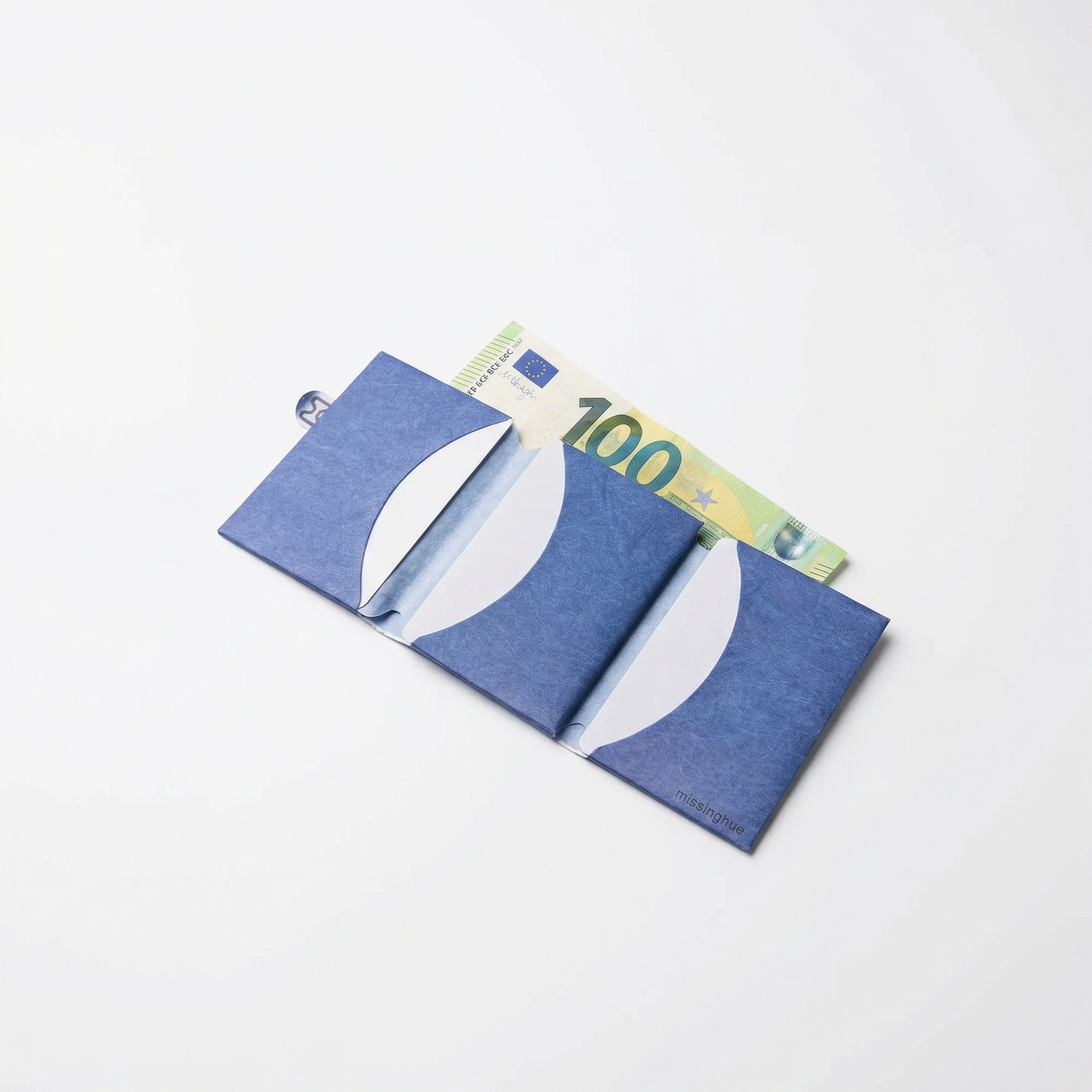 blue miniwallet open with cash, bills lying flat